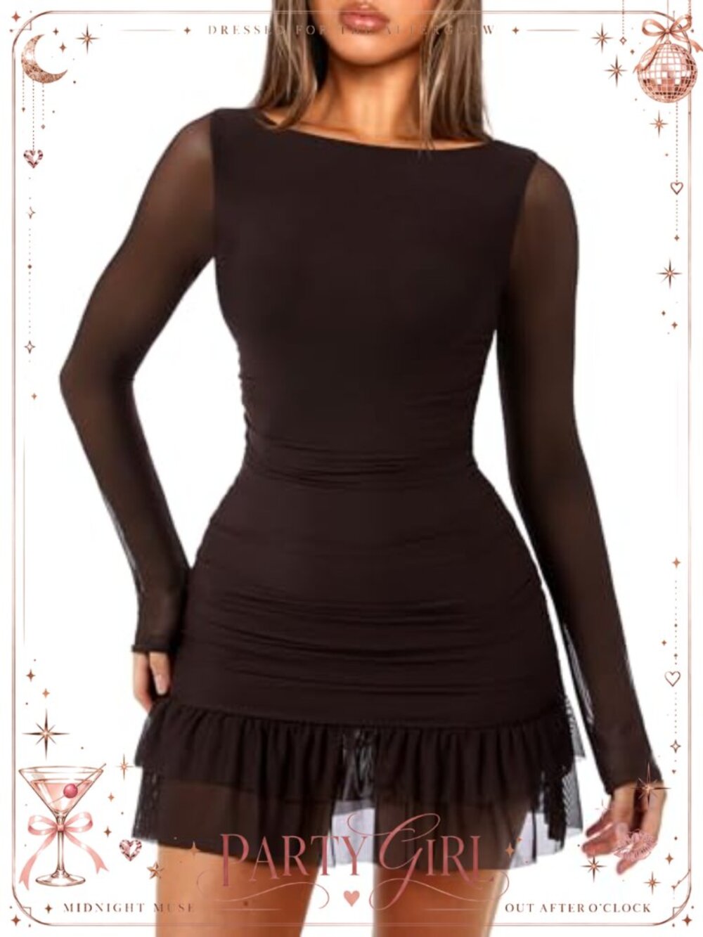 Boat Neck Bodycon Mini Dress Long Sleeve Mesh Ruffle Club Party